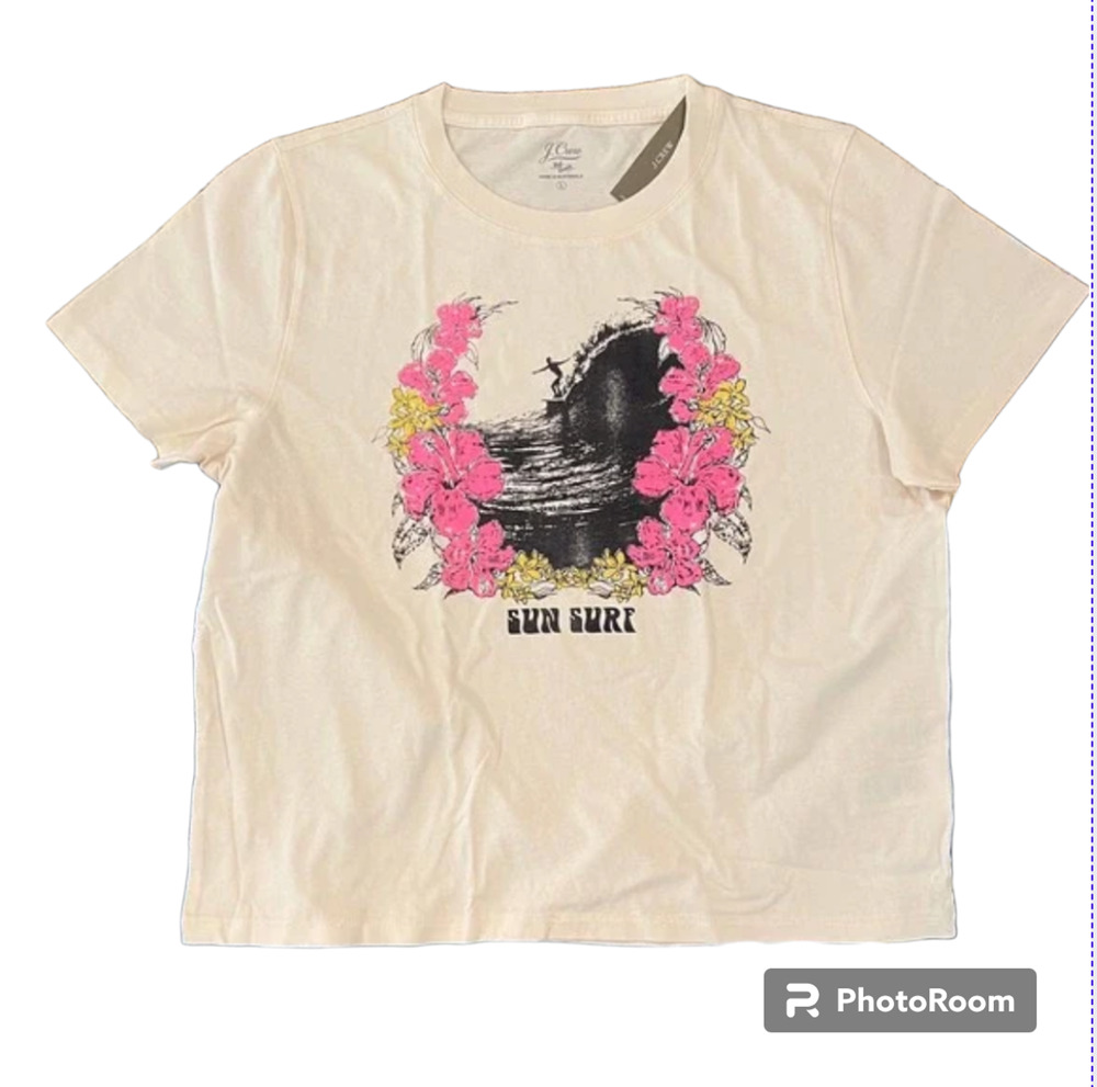 NWT J. Crew Antique White/Ivory  W/"Sun Surf" Graphic Broken-in Tee